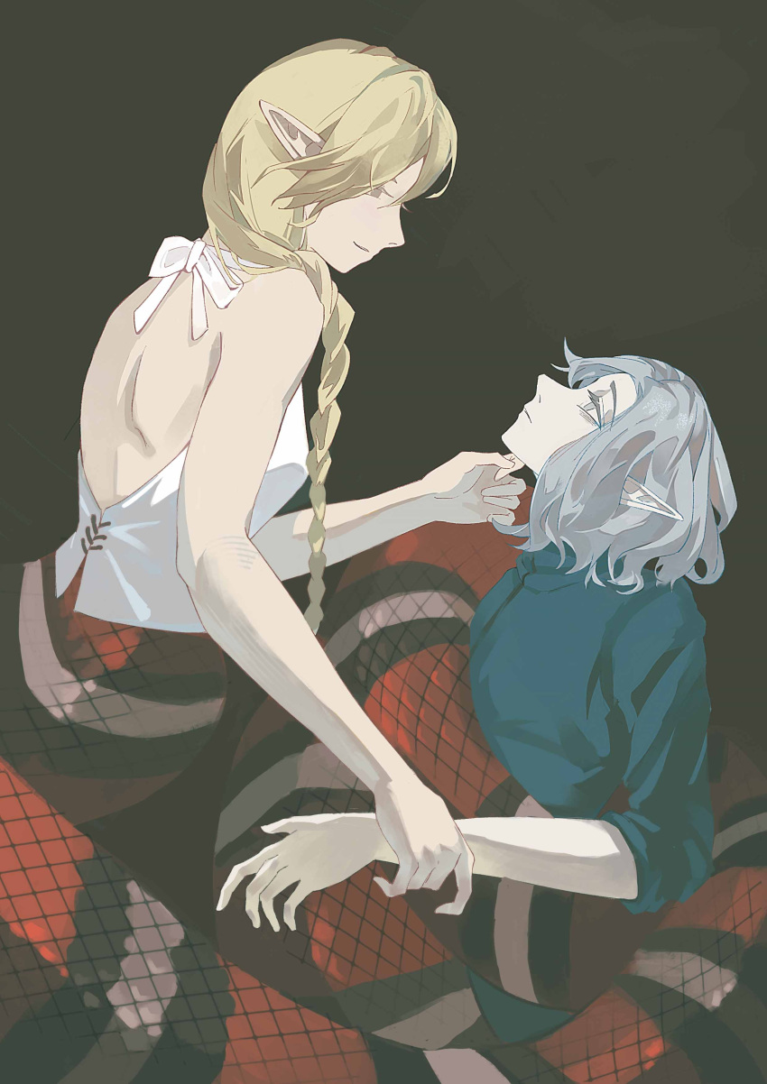 1boy, 1girl, absurdres, bare_shoulders, blonde_hair, braid, braided_ponytail, braided_ponytail_lamia_(dungeon_meshi)