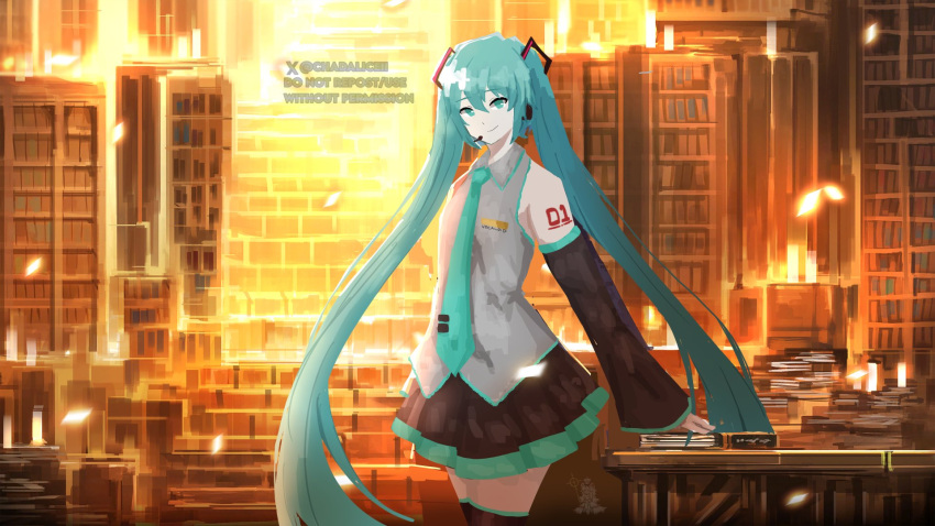 1girl, aqua_eyes, aqua_hair, aqua_necktie, black_skirt, black_sleeves, book, chadaliceii