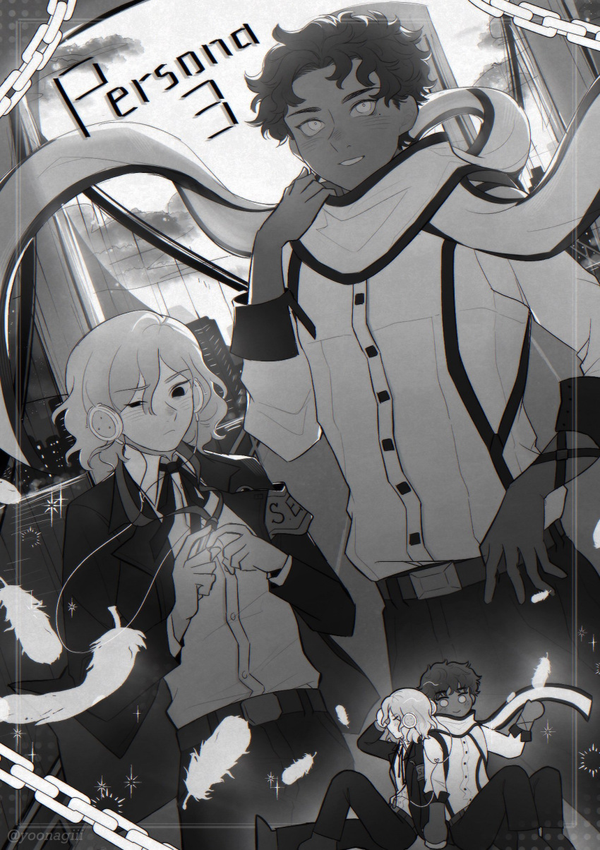 2boys, armband, back-to-back, bags_under_eyes, belt, blush, chain, collared_shirt