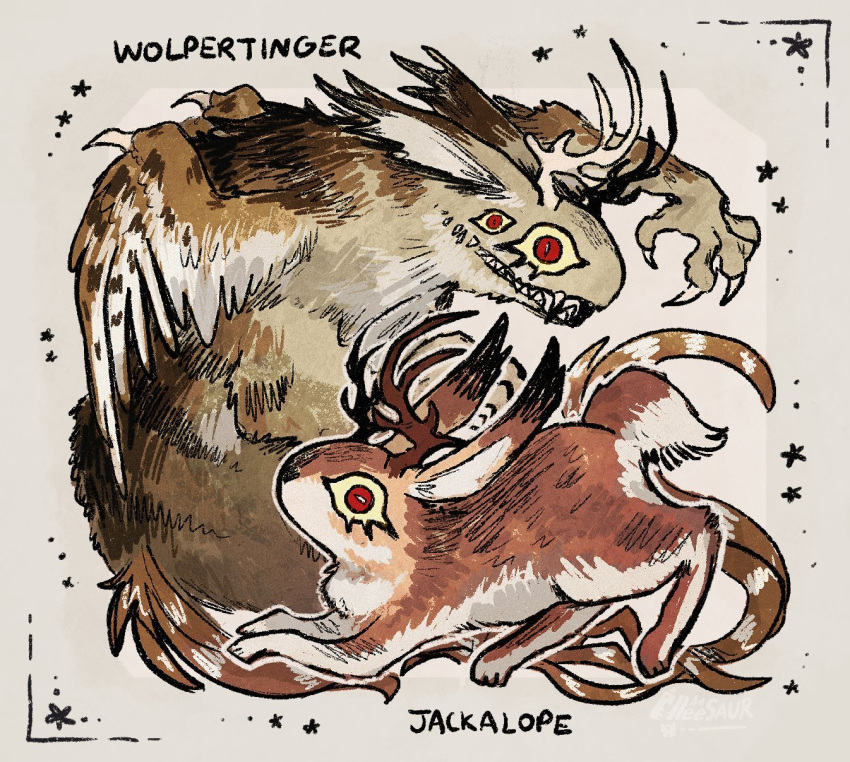 alleesaur, animal_focus, antlers, commentary, creature, english_commentary, extra_eyes, full_body