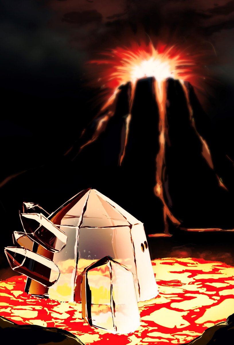 arms_at_sides, black_sky, bubble, commentary, eruption, highres, ice, lava