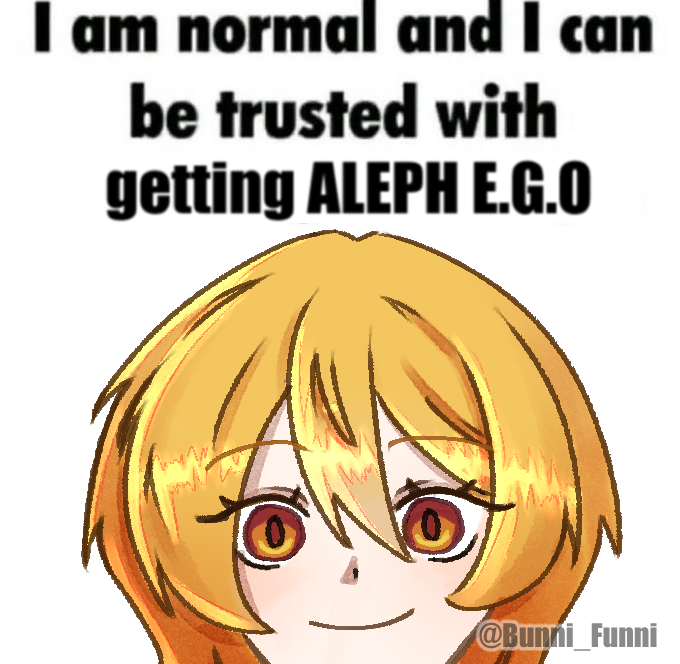 1girl, blonde_hair, closed_mouth, don_quixote_(project_moon), english_text, funnibunni, hair_between_eyes, impact_(font)