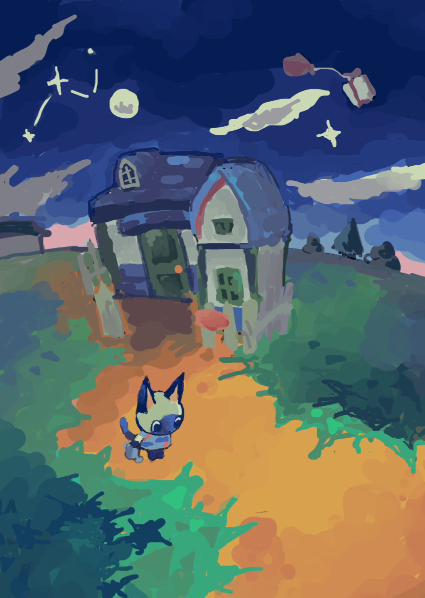 1girl, animal_crossing, animal_ears, black_eyes, blue_shirt, building, cat_ears, cat_girl