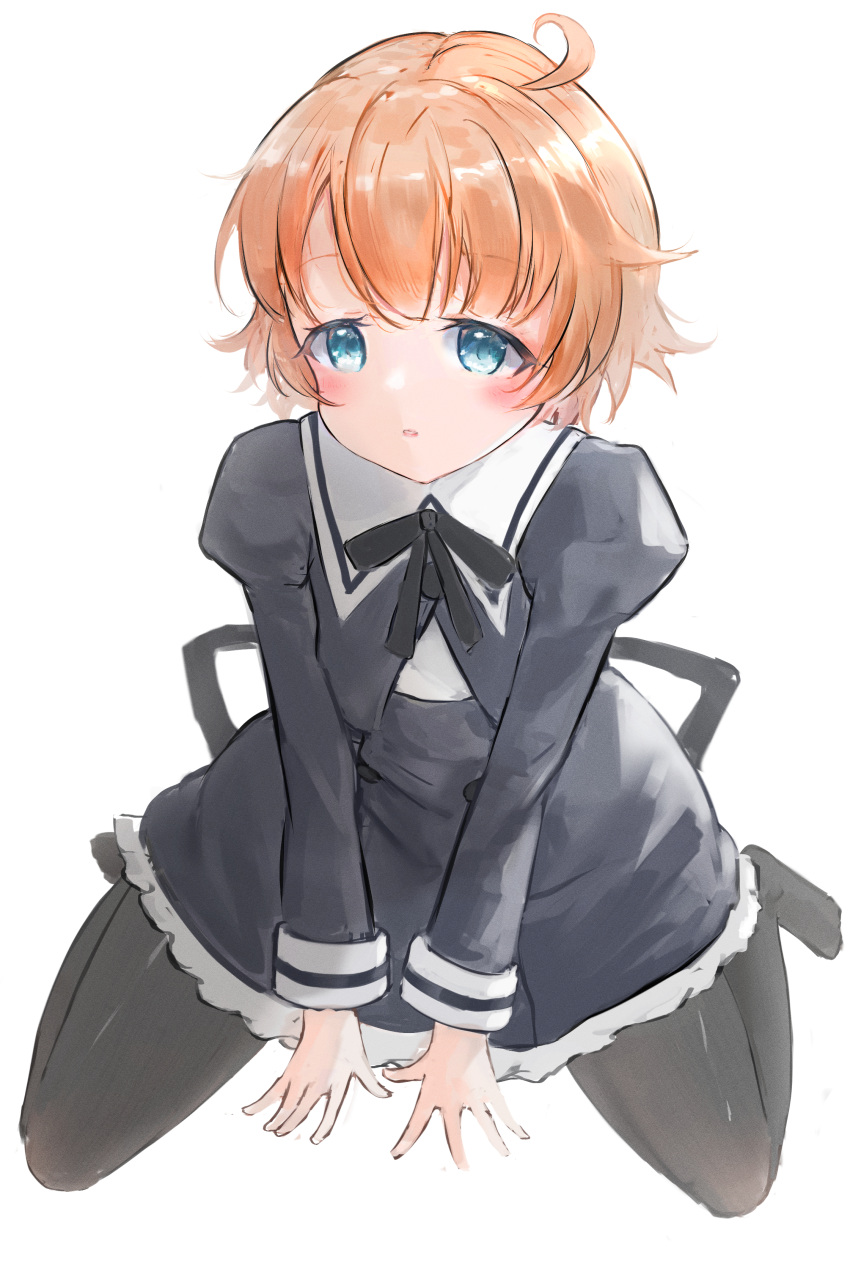 1girl, absurdres, ahoge, assault_lily, black_pantyhose, black_ribbon, black_skirt, blue_eyes