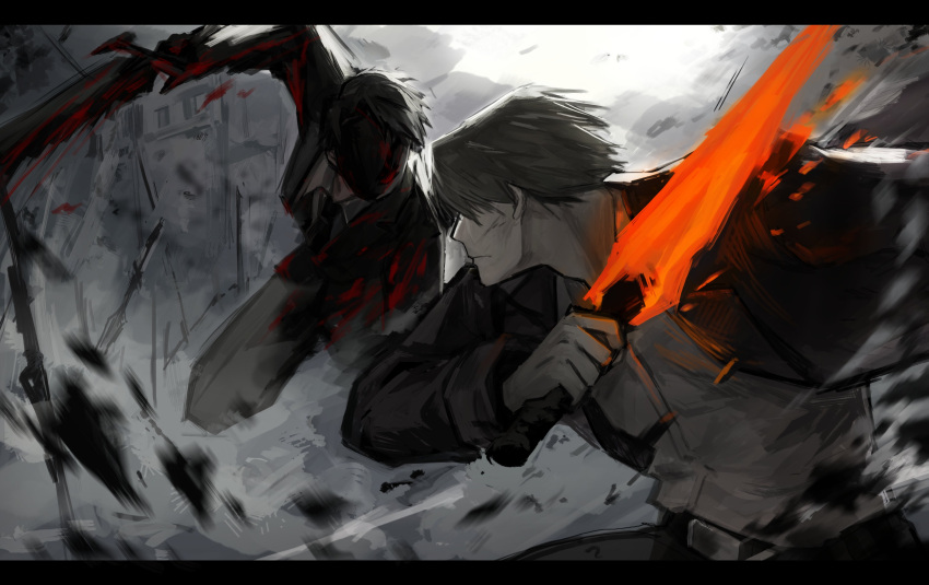 2boys, absurdres, arm_up, badnick69_(camchi), black_gloves, black_hair, black_jacket, black_mask