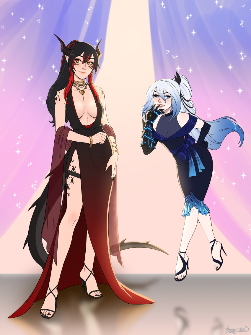 2girls, absurdres, black_scales, black_sclera, colored_sclera, colored_tips, dragon_girl, dragon_horns, dragon_tail, dress, eris_(atelier951), evening_gown, feet, figgylicious, figgymelon, gauntlets, highres, horns, lys_(atelier951), multicolored_hair, multiple_girls, ponytail, tail, toeless_footwear