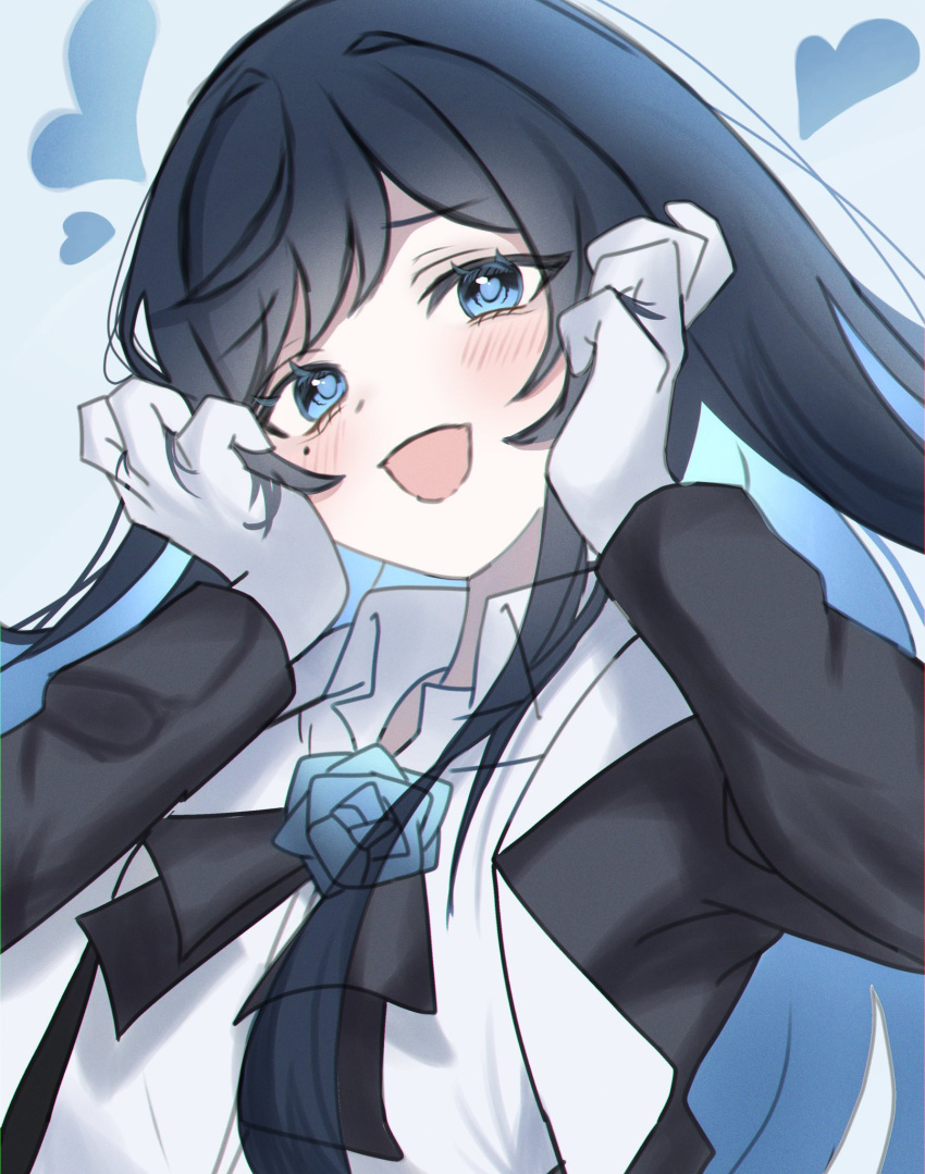 1girl, 89_701, ado_(utaite), black_bow, black_bowtie, black_coat, black_hair, blue_eyes, blue_flower, blue_hair, blue_rose, blush, bow, bowtie, chando_(ado), coat, collared_shirt, colored_inner_hair, commentary_request, flower, flower_brooch, gloves, hands_on_own_cheeks, hands_on_own_face, heart, heart-shaped_pupils, highres, long_hair, long_sleeves, mole, mole_under_eye, multicolored_hair, open_clothes, open_coat, open_mouth, rose, shirt, solo, symbol-shaped_pupils, utaite, white_gloves, white_shirt
