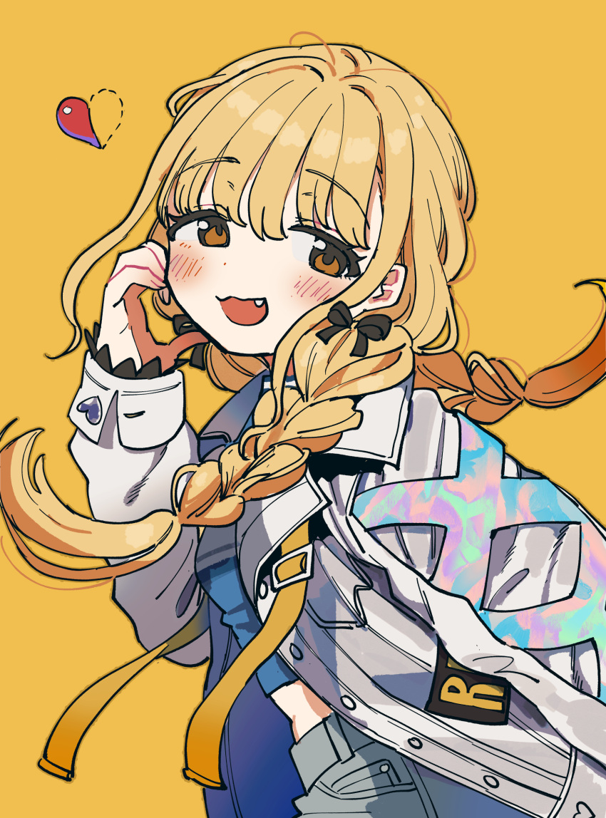1girl, blonde_hair, blush, braid, brown_eyes, commentary, fang, fujita_kotone, gakuen_idolmaster, hajime_(idolmaster), half-heart_hands, heart, highres, idolmaster, jacket, long_hair, looking_at_viewer, midriff, multicolored_clothes, multicolored_jacket, open_clothes, open_jacket, open_mouth, simple_background, smile, solo, twin_braids, twintails, upper_body, yellow_background, zinbei