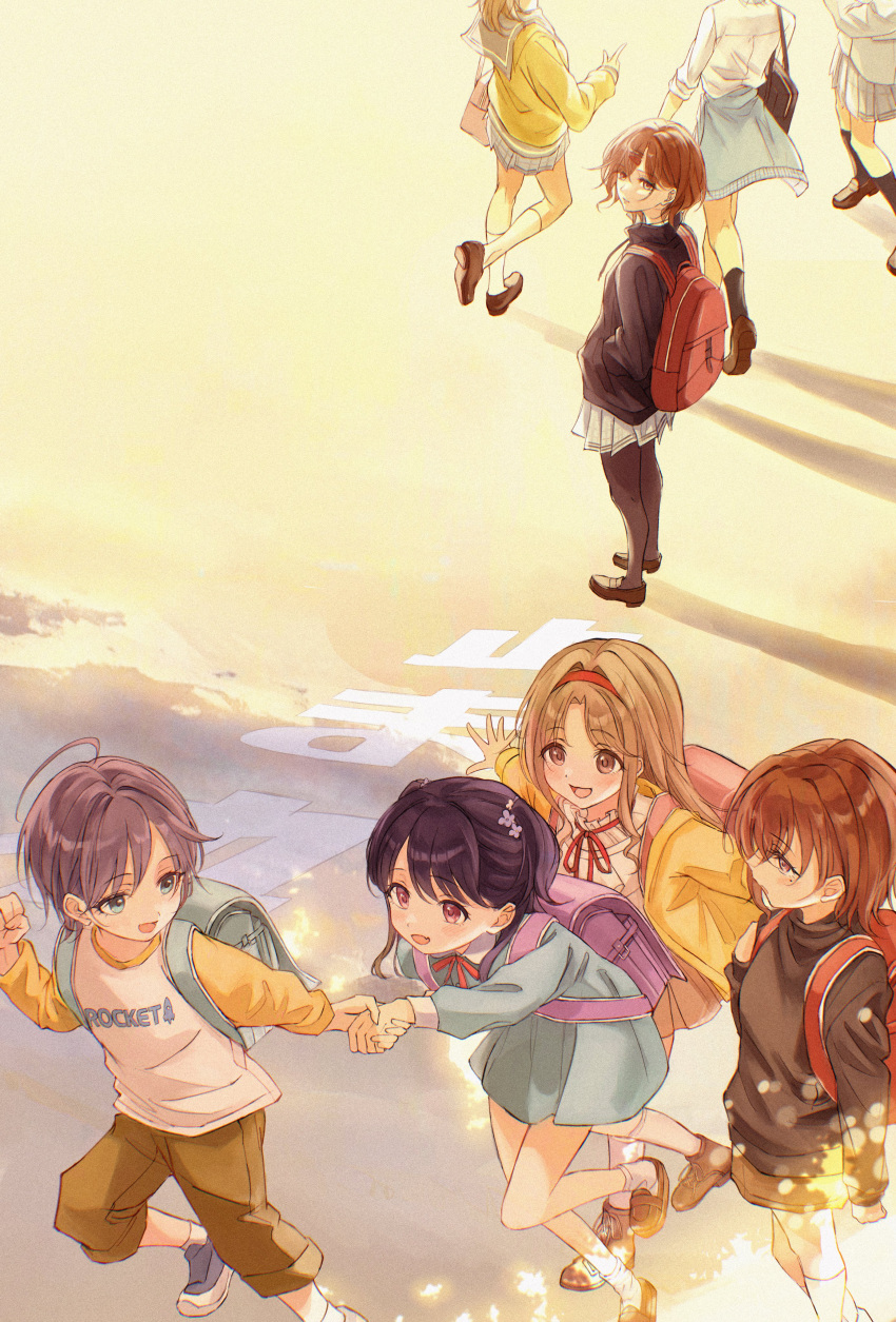 4girls, absurdres, age_progression, ahoge, asakura_toru, backpack, bag, black_bag