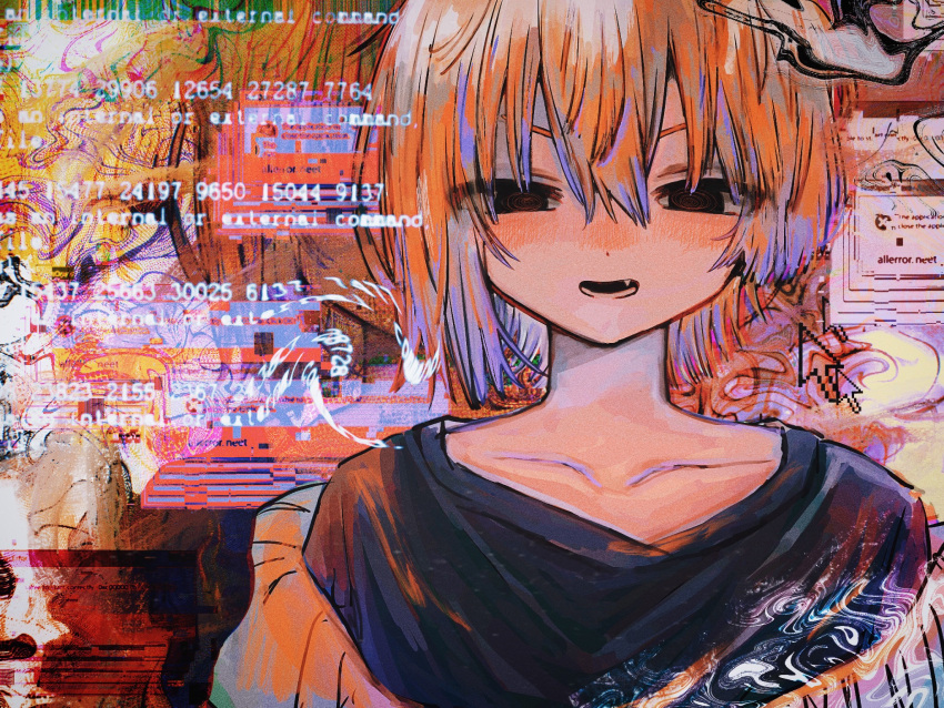 1boy, @_@, black_shirt, commentary, dot_nose, english_commentary, error_message, hair_between_eyes