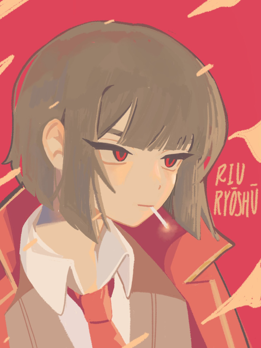 1girl, black_hair, bob_cut, cigarette, closed_mouth, collared_shirt, fillter, gold_trim, highres, jacket, limbus_company, liu_association_(identity)_(project_moon), looking_to_the_side, necktie, project_moon, red_background, red_eyes, red_jacket, red_necktie, ryoshu_(project_moon), shirt, short_hair, simple_background, smile, solo, white_shirt