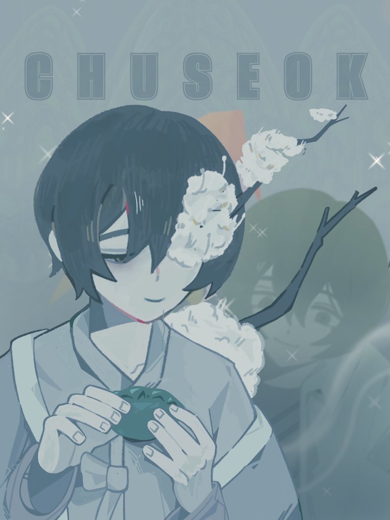 1boy, blue_theme, branch, closed_mouth, e.g.o_(project_moon), fillter, flower, flower_over_eye