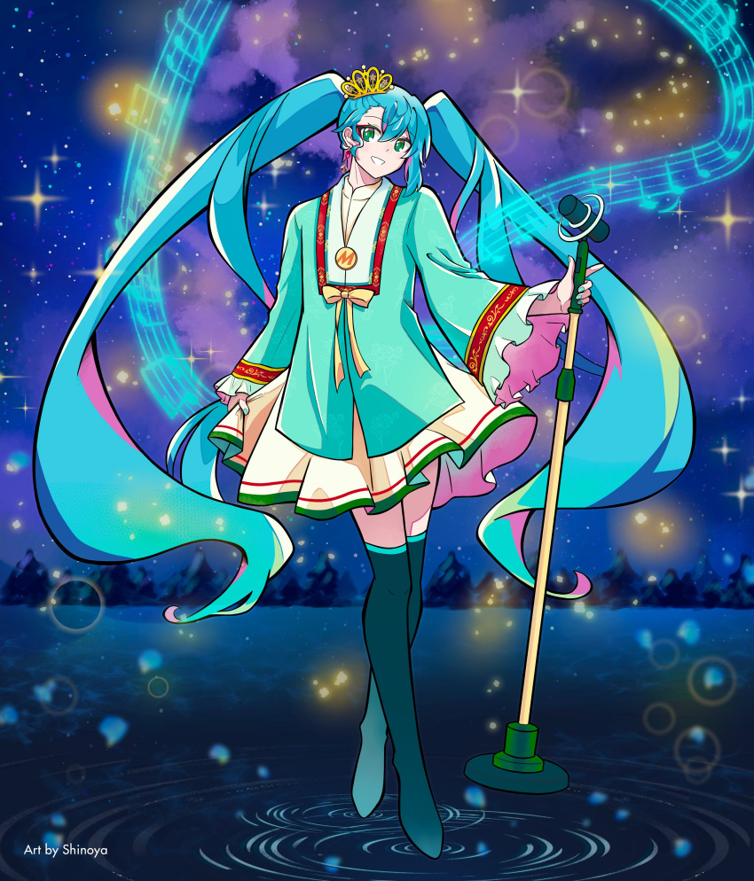 absurdres, ao_nhat_binh, aqua_dress, aqua_hair, blue_eyes, crown, dress, frilled_skirt