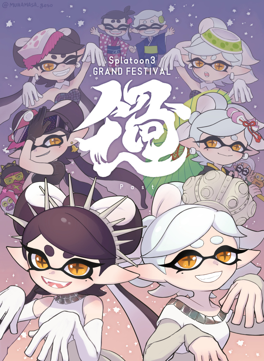 1boy, 2girls, black_gloves, bow-shaped_hair, callie_(splatoon), cap'n_cuttlefish, collar, commentary_request