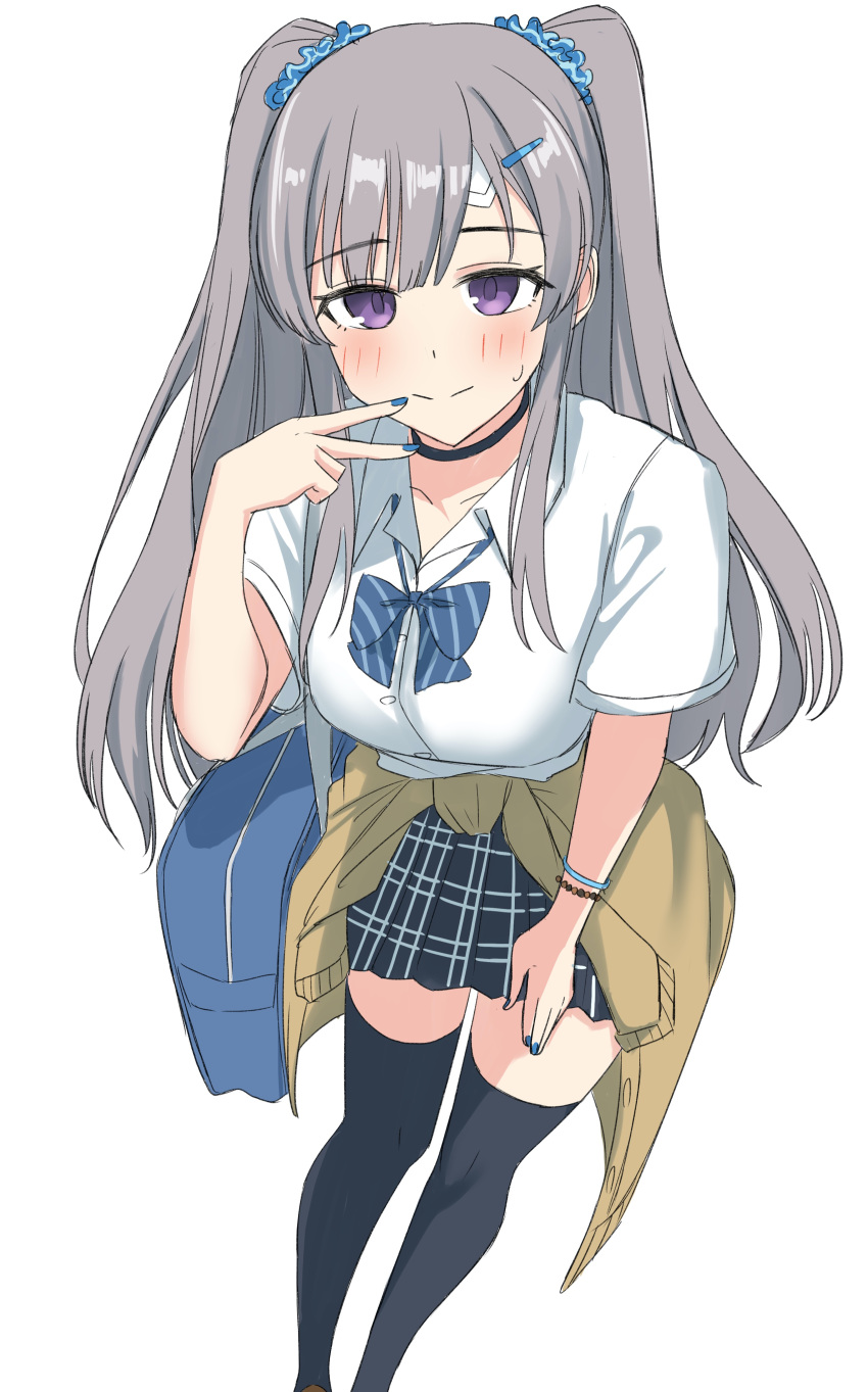 1girl, absurdres, black_choker, black_thighhighs, blue_bag, blue_eyes, blue_nails, blue_ribbon
