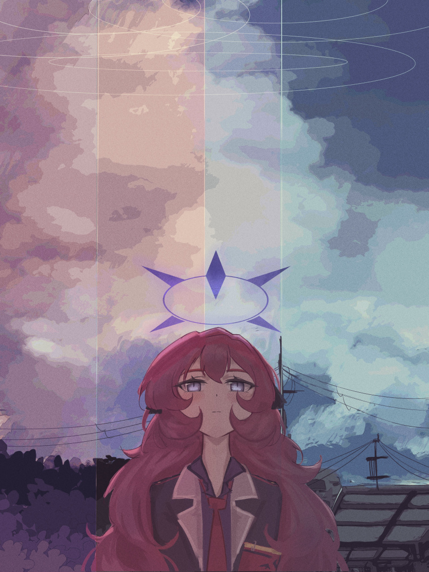1girl, absurdres, ahiru_(ahahahahiru), armband, blue_archive, blue_halo, bush, cable, clouds, cloudy_sky, fluffy_hair, frown, grey_eyes, halo, highres, house, iroha_(blue_archive), long_hair, looking_at_viewer, military_uniform, multicolored_background, necktie, red_armband, red_necktie, redhead, sky, very_long_hair