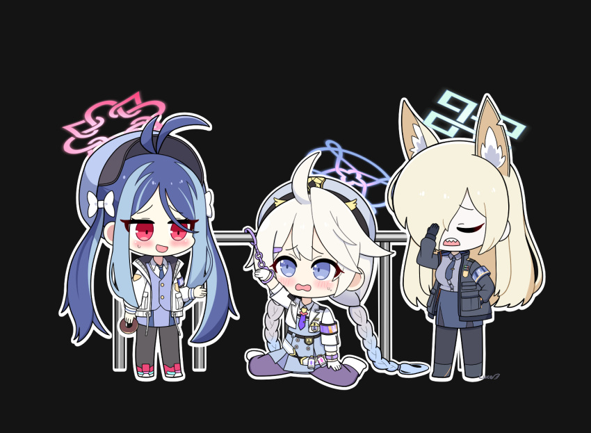 3girls, animal_ear_fluff, animal_ears, antenna_hair, black_background, black_pantyhose, blonde_hair, blue_archive