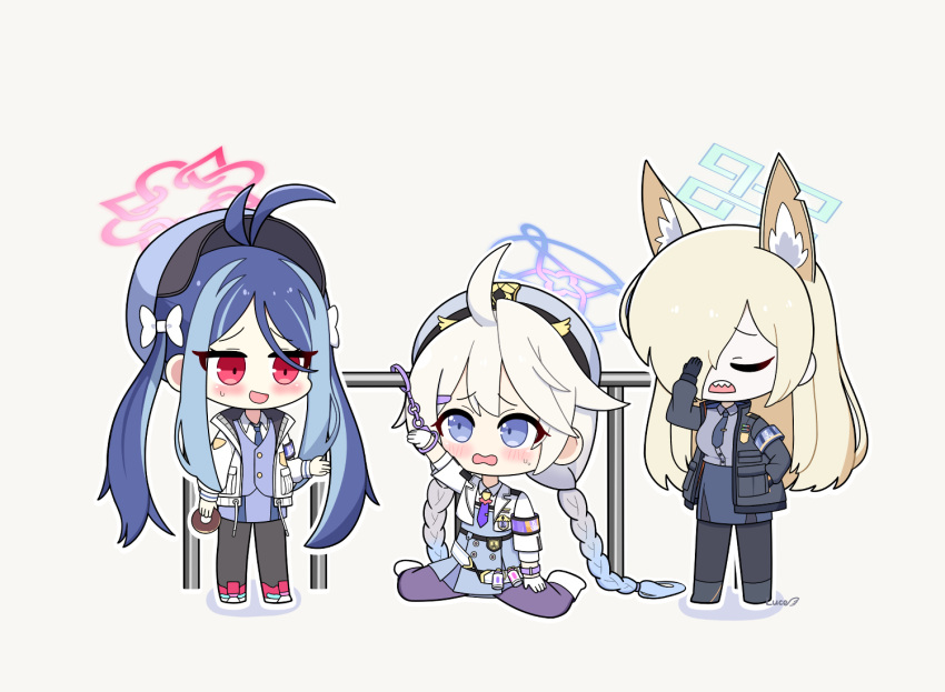 3girls, animal_ear_fluff, animal_ears, antenna_hair, black_pantyhose, blonde_hair, blue_archive, blue_eyes
