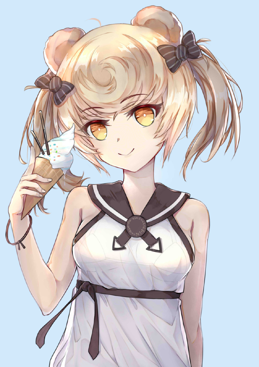 animal_ears, arknights, bare_shoulders, bear_ears, bikini, blonde_hair, bow, breasts