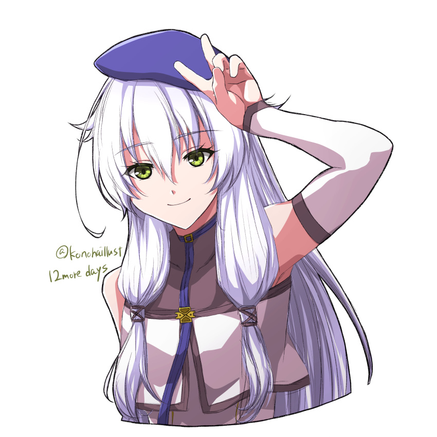 1girl, altina_orion, artist_name, beret, blue_hat, closed_mouth, commentary_request, countdown