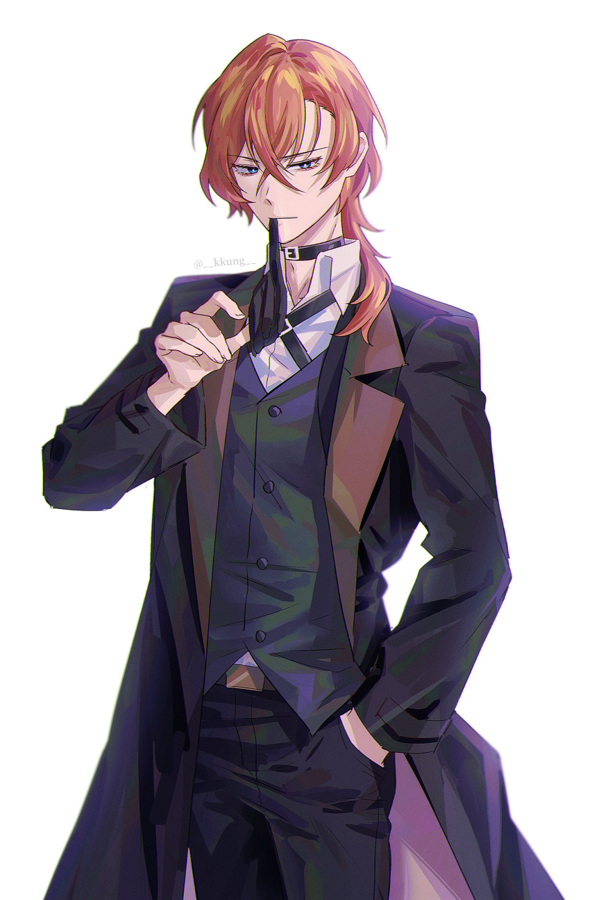 1boy, absurdres, belt, black_choker, black_gloves, black_jacket, black_pants, blue_eyes