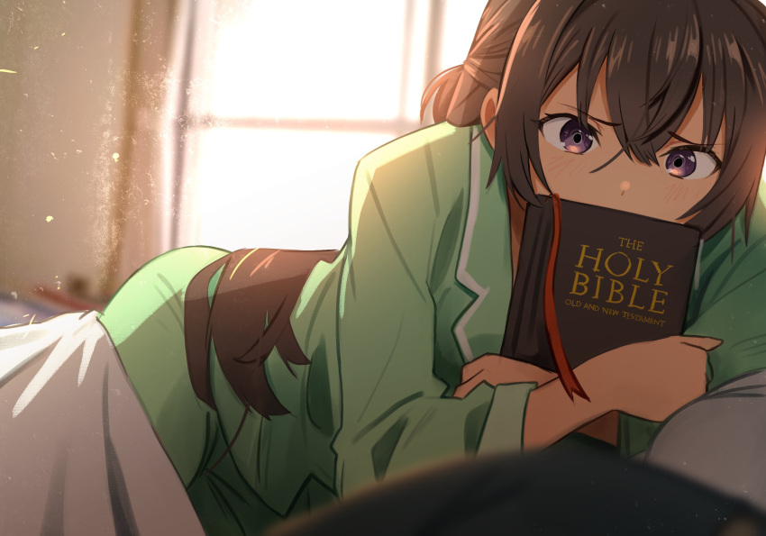 1girl, bible_(object), boku_no_kokoro_no_yabai_yatsu, book, brown_hair, character_request, commentary, copyright_request