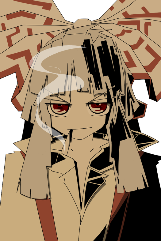bangs, blunt_bangs, cigarette, face, fujiwara_no_mokou, genya, hair_ribbon, harano_kaguyama, no_nose, red_eyes, ribbon, smirk, smoke, smoking, solo, touhou