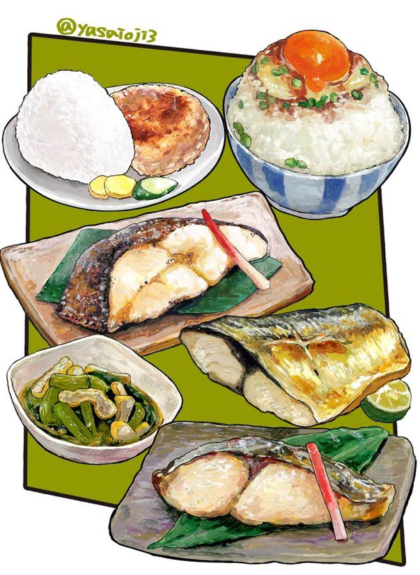 bowl, cucumber, cucumber_slice, egg_(food), egg_yolk, fish_(food), food, food_focus, fruit, lime_(fruit), lime_slice, no_humans, original, rice, rice_bowl, still_life, twitter_username, vegetable, yasaioji3