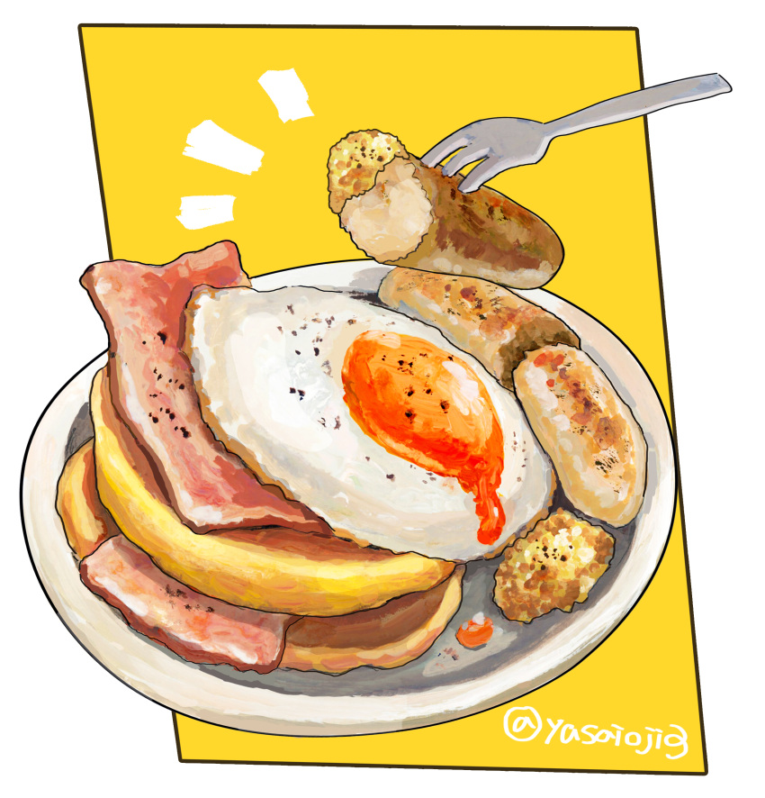 absurdres, egg_(food), food, food_focus, fork, ham, highres, meat