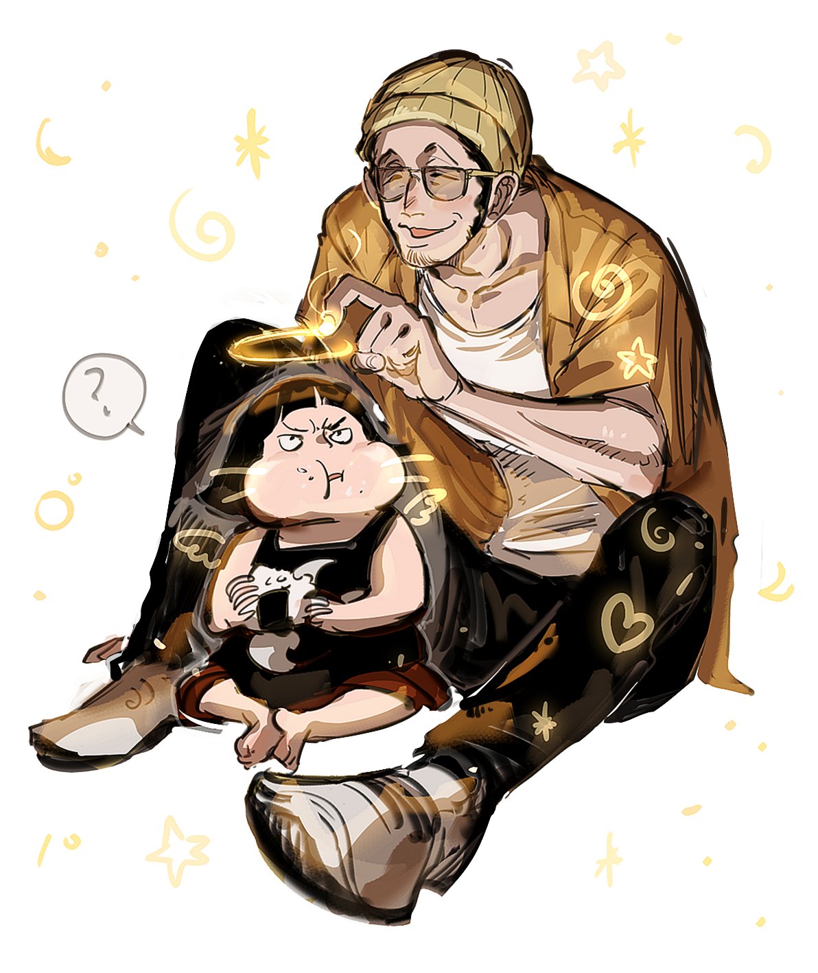 2boys, ?, ^_^, beanie, black_hair, black_pants, blunt_bangs, borsalino_(kizaru)