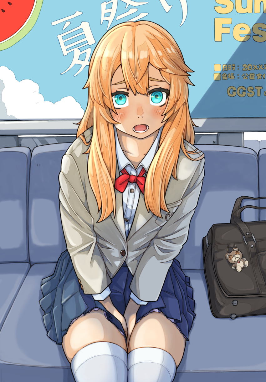 1girl, absurdres, alternate_costume, bag, blonde_hair, blue_eyes, blue_skirt, bow
