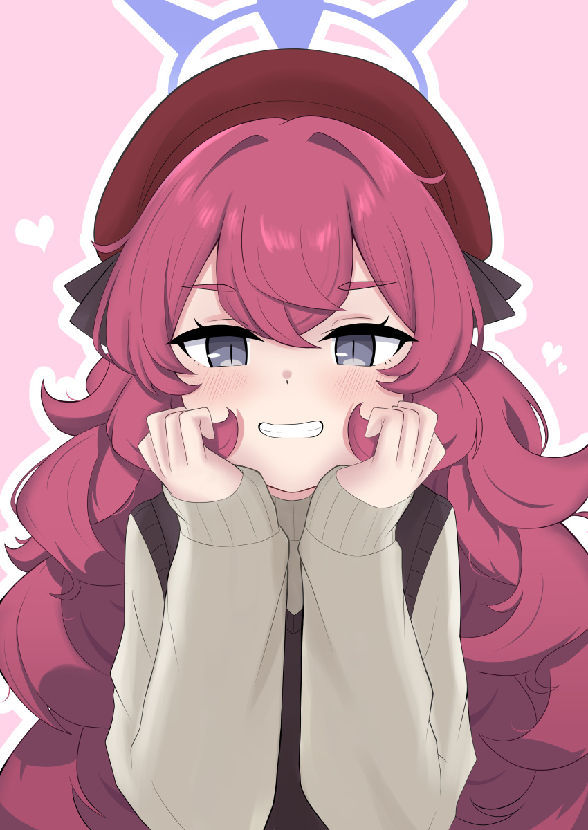 1girl, absurdres, alternate_costume, beret, black_ribbon, blue_archive, blue_halo, commentary_request, fluffy_hair, grey_eyes, hair_ribbon, halo, hat, heart, highres, iroha_(blue_archive), koucha_(sr4ez), long_hair, looking_at_viewer, open_mouth, pink_background, redhead, ribbon, simple_background, smile, solo, sweater, sweater_vest