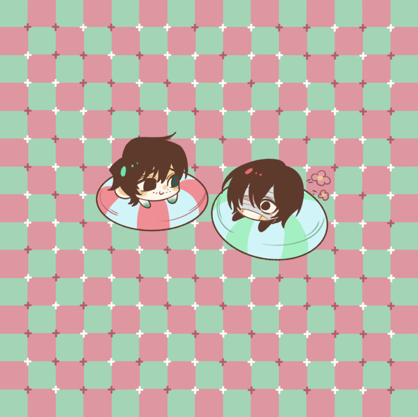 1717657, 2boys, bandage_over_one_eye, black_eyes, black_gloves, black_hair, brothers, checkered_background