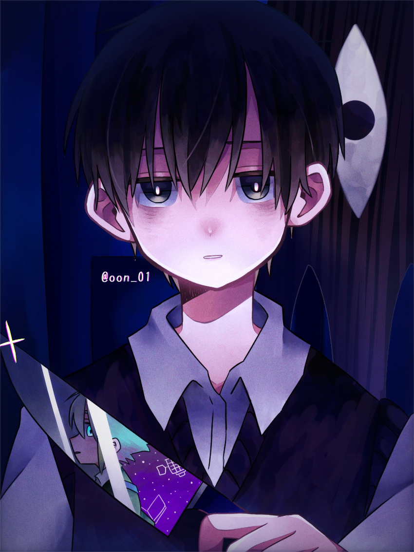 2boys, alternate_sleeve_length, amane_(ama_yzk00), basil_(faraway)_(omori), basil_(omori), black_eyes, black_hair, black_sweater_vest