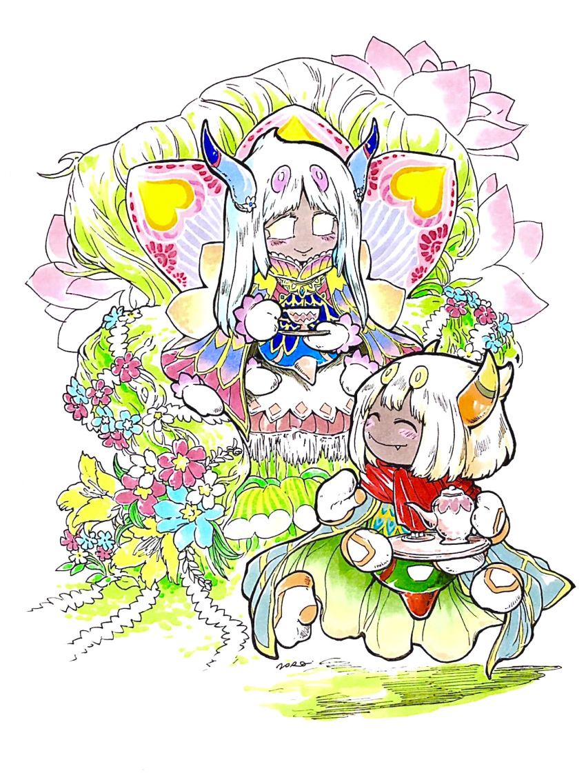 1boy, 1girl, cape, cup, dreamstalk, fangs, flower, highres, holding, holding_cup, holding_teapot, horns, kirby:_triple_deluxe, kirby_(series), norajiyuuchou, queen_sectonia, rayman_limbs, red_scarf, scarf, taranza, teacup, teapot, white_eyes, white_hair
