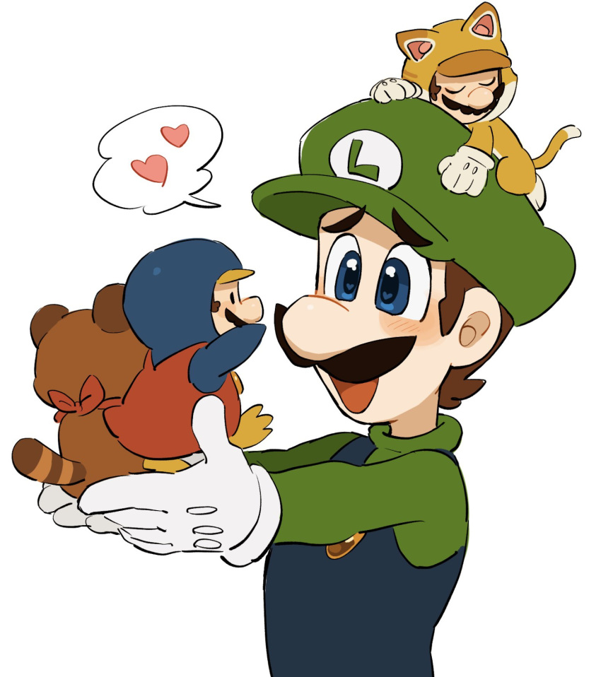 2boys, blue_eyes, blue_overalls, brown_hair, cat_mario, facial_hair, gloves, green_shirt