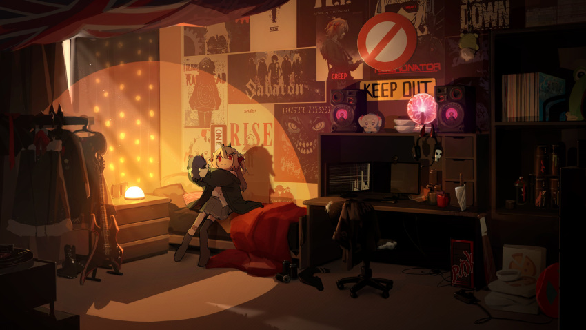 1girl, absurdres, akuma_nihmune, asymmetrical_legwear, bandaid, bandaid_on_leg, bed, bed_sheet, black_jacket, black_socks, black_thighhighs, blue_skirt, brown_hair, cable, chair, commentary, computer, computer_tower, cup, curtains, day, desk_lamp, doll, electric_guitar, english_commentary, evil_neuro-sama, fumo_(doll), guitar, hair_between_eyes, headphones, highres, holding, holding_doll, indie_virtual_youtuber, indoors, instrument, jacket, keshink, lamp, light_rays, monitor, neuro-sama, no_shoes, otjareniy, pasharuu, pillow, pizza_box, plasma_globe, plate, pleated_skirt, poster_(object), power_strip, red_eyes, shelf, shirt, sitting, skirt, socks, solo, speaker, sunbeam, sunlight, thigh-highs, uneven_legwear, virtual_youtuber, white_shirt, wide_shot