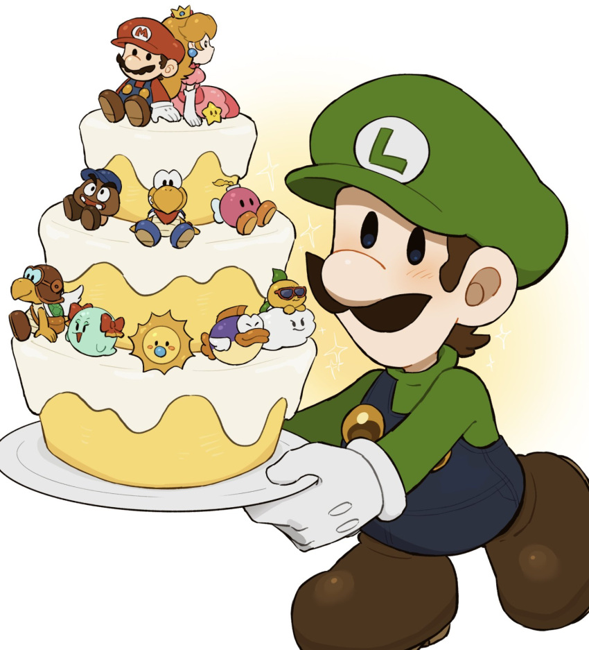3girls, 6+boys, blue_eyes, blue_overalls, bombette, brown_hair, cake, crown