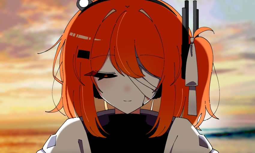 0001_(vocaloid), 1girl, a.i._voice, adachi_rei, bandage_over_one_eye, black_shirt, blurry, blurry_background, closed_eyes, closed_mouth, clouds, cloudy_sky, facing_viewer, hair_ornament, hair_ribbon, headlamp, highres, jacket, light_smile, medium_hair, mei_(meiday_mise), one_side_up, open_clothes, open_jacket, orange_hair, portrait, radio_antenna, ribbon, shirt, sky, solo, straight-on, utau, white_jacket, white_ribbon