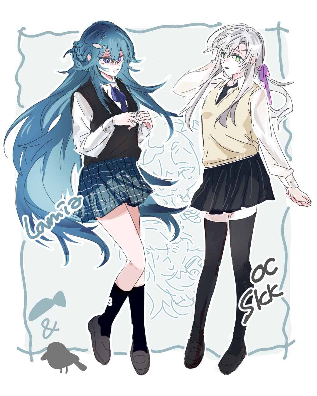 2girls, aqua_hair, black_necktie, black_skirt, black_sweater, black_thighhighs, blue_skirt, bow