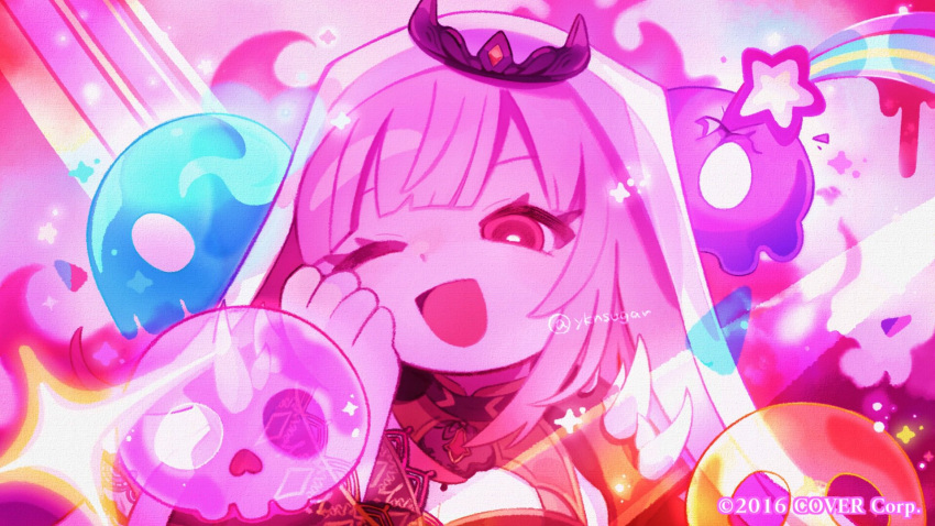 1girl, ;d, blunt_bangs, brooch, copyright_name, copyright_notice, hand_on_own_face, highres, hololive, hololive_english, jewelry, long_hair, mori_calliope, mori_calliope_(1st_costume), official_art, one_eye_closed, pink_theme, shooting_star_(symbol), sidelocks, skull, smile, sparkle, spiked_cape, tiara, veil, virtual_youtuber, yknsugar