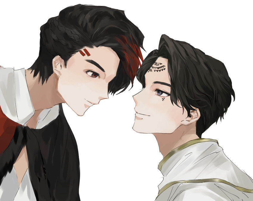 2boys, black_cloak, black_eyes, black_hair, braid, capelet, cloak, closed_mouth