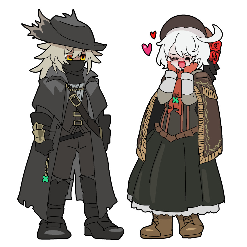 2girls, ahoge, black_coat, black_footwear, black_gloves, black_hat, black_skirt, black_vest, bloodborne, blush, bonnet, boots, brown_bonnet, brown_footwear, closed_eyes, coat, cosplay, crossover, elphelt_valentine, frilled_skirt, frills, full_body, gloves, grey_hair, guilty_gear, guilty_gear_strive, hat, heart, highres, hunter_(bloodborne), hunter_(bloodborne)_(cosplay), kekeken, long_hair, long_sleeves, multiple_girls, open_mouth, plain_doll, plain_doll_(cosplay), ramlethal_valentine, short_hair, simple_background, skirt, smile, vest, white_background, white_hair, yellow_eyes