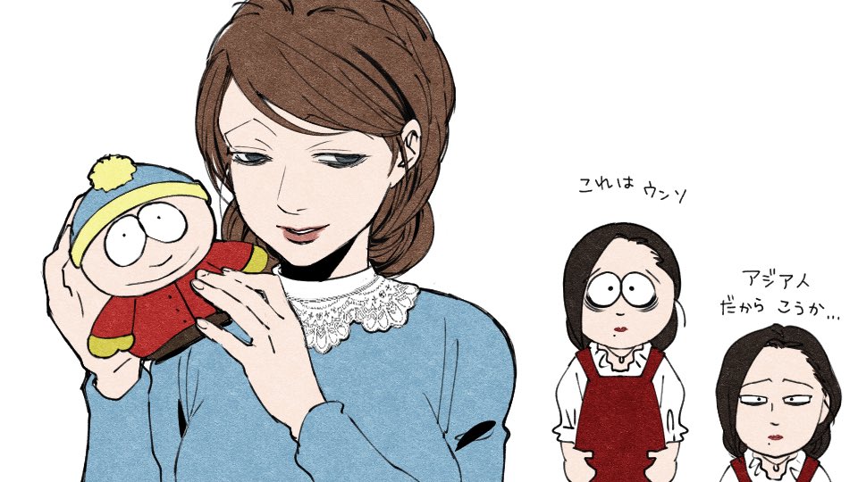 2girls, apron, bags_under_eyes, blue_shirt, brown_hair, character_doll, doll, empty_eyes