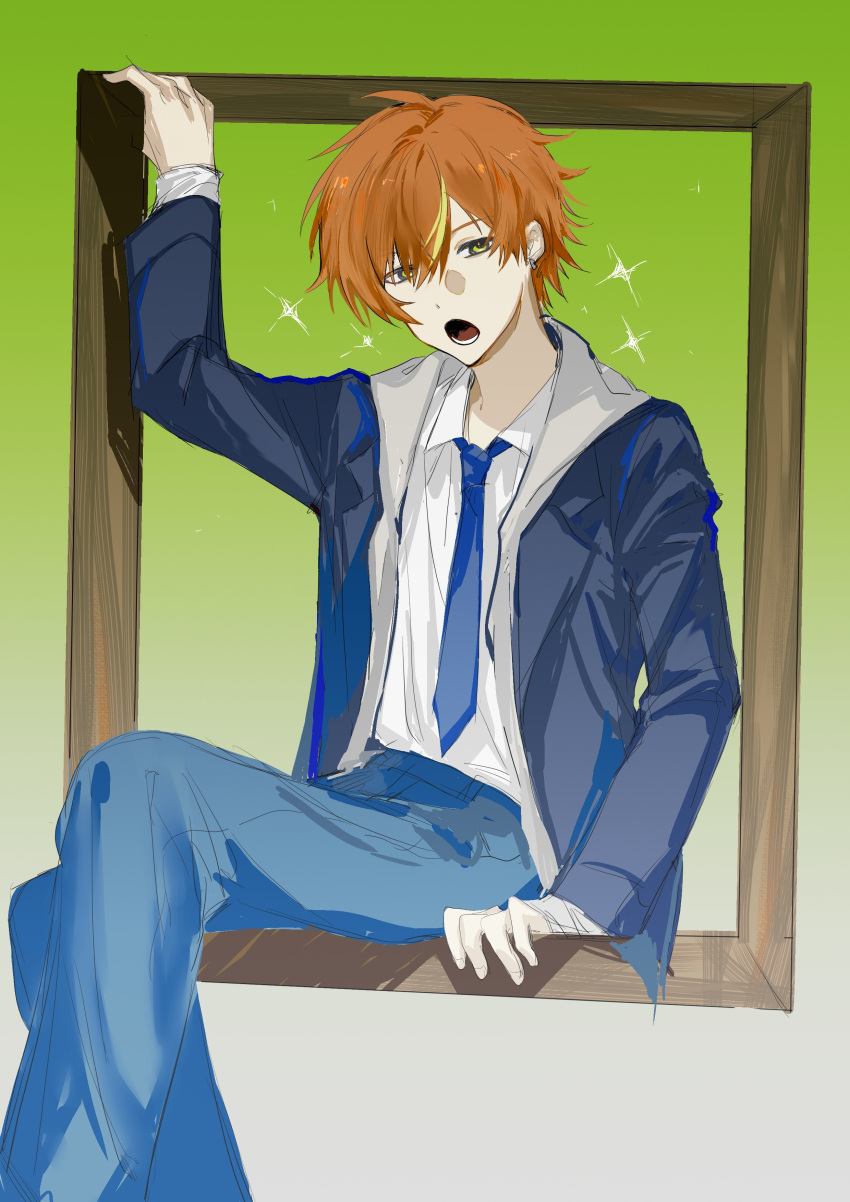 1000-nen_ikiteru_(vocaloid), 1boy, absurdres, black_jacket, blonde_hair, blue_necktie, blue_pants, chinese_commentary