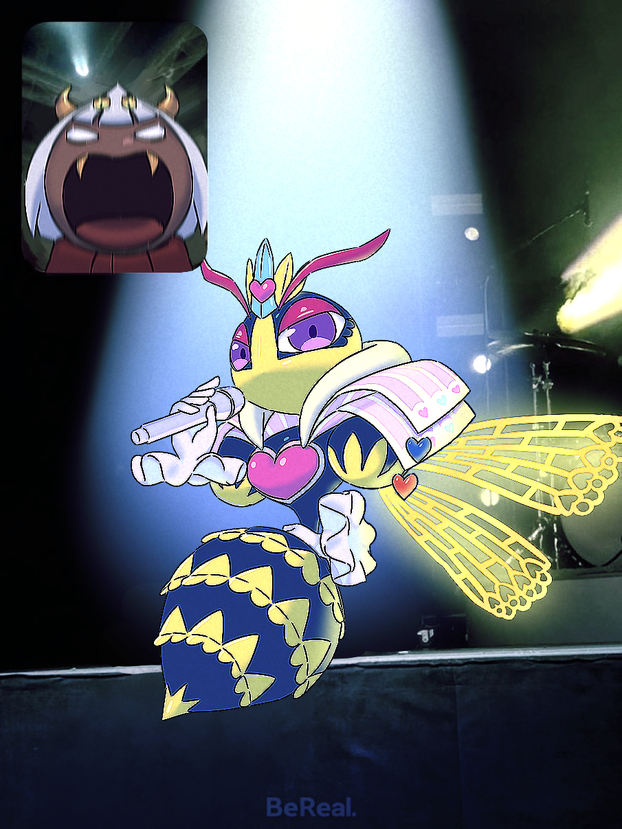 1boy, 1girl, bereal, caramelpopcoms2, fan_screaming_at_madison_beer_(meme), fangs, gloves, heart