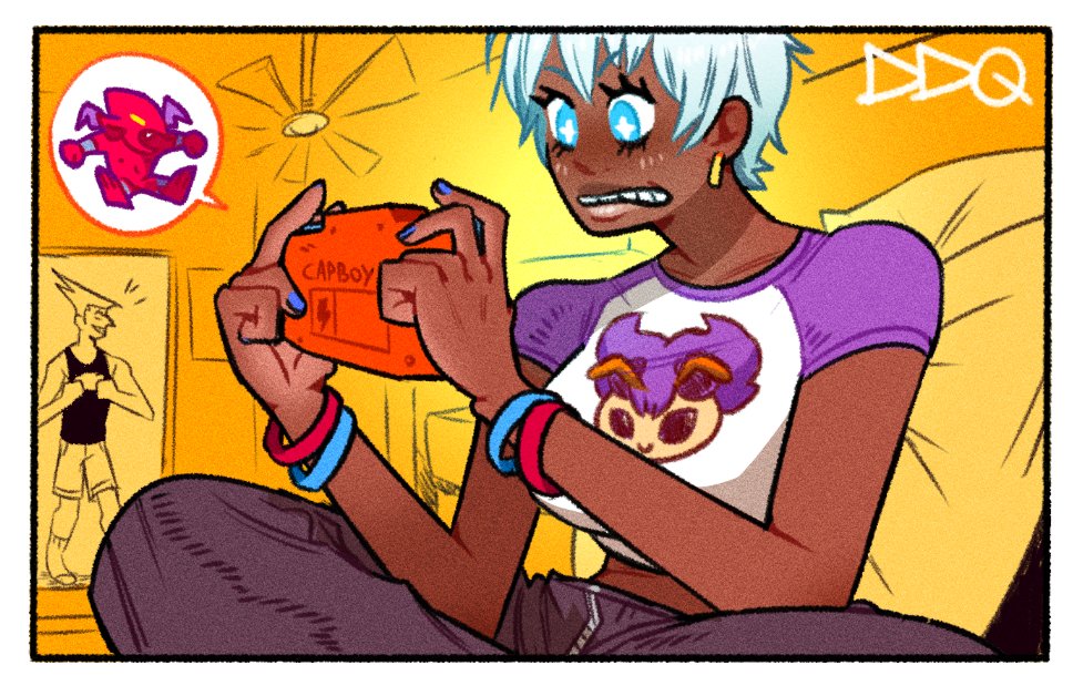 1boy, adon_(street_fighter), alternate_costume, black_pants, blue_eyes, blue_nails, bracelet, breasts