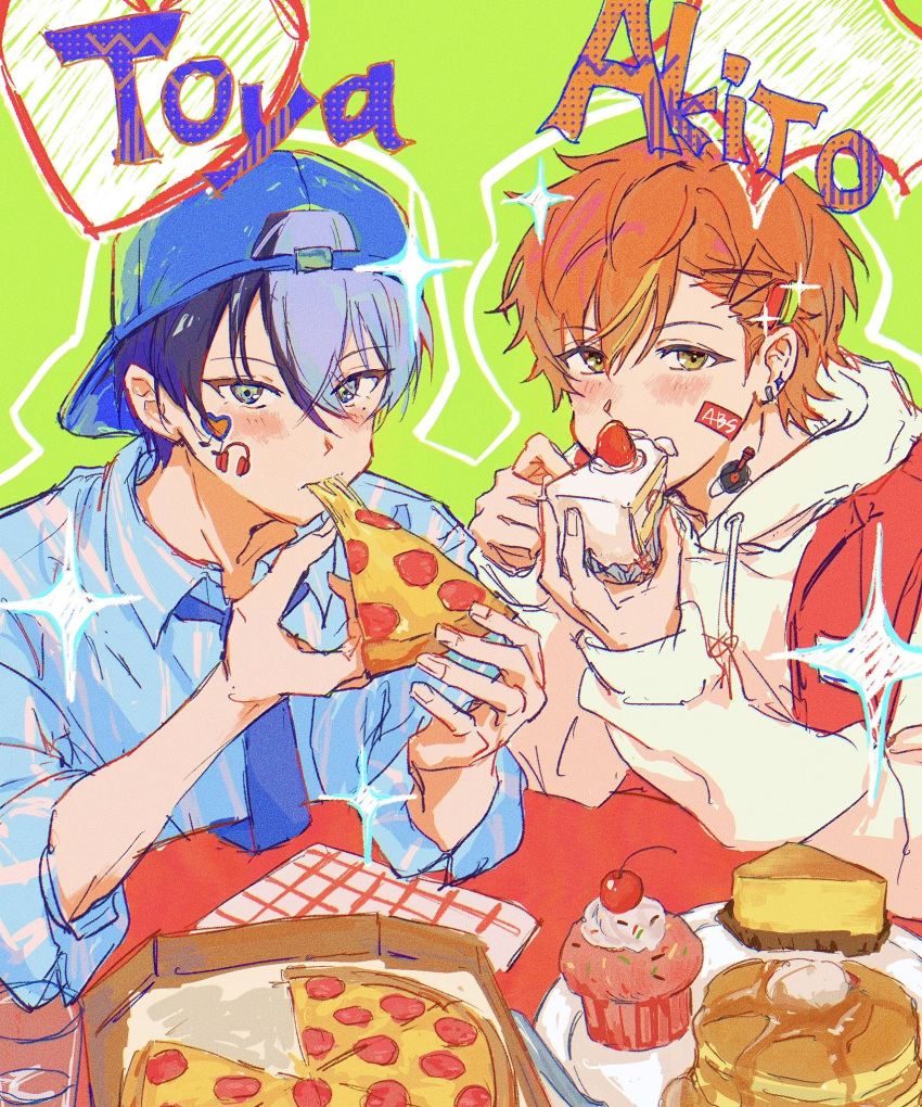 aoyagi_touya, arms_up, backwards_hat, baseball_cap, blue_eyes, blue_hair, blue_necktie, blue_shirt