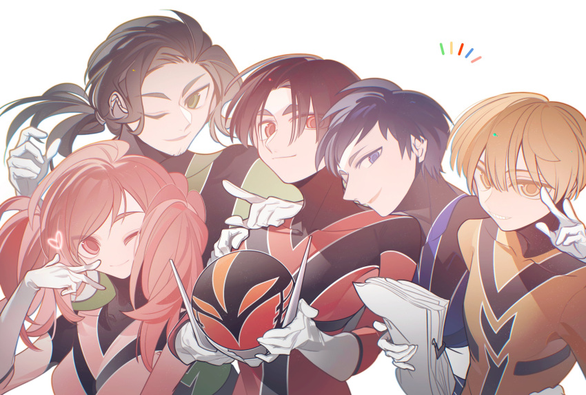 1girl, 4boys, akabane_sousei, blonde_hair, blue_bodysuit, blue_eyes, blue_keeper, bodysuit, facial_hair, gloves, goatee, green_eyes, green_keeper, helmet, highres, kiritani_shinya, low_ponytail, midorikawa_sadaharu, mole, multiple_boys, one_eye_closed, pink_bodysuit, pink_hair, pink_keeper, ponytail, red_bodysuit, red_keeper, sangjiii1, script, sentai_daishikkaku, simple_background, soul_patch, twintails, unworn_headwear, unworn_helmet, white_background, white_gloves, yellow_bodysuit, yellow_eyes, yellow_keeper