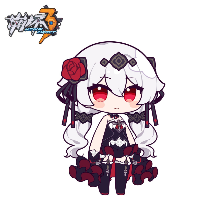 1girl, bare_shoulders, black_dress, blush_stickers, character_request, check_character, commentary_request, copyright_name